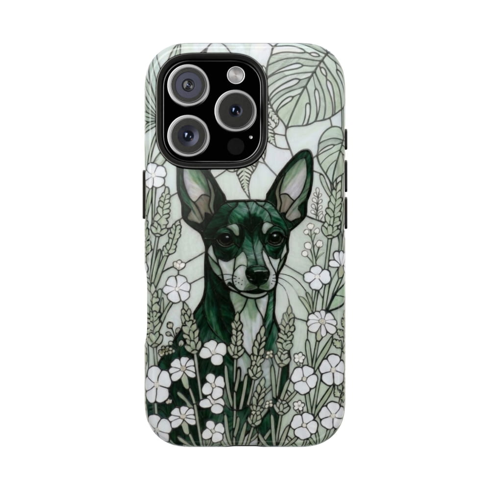 Mini Pinscher Stained Glass Style Tough Case, Botanical Green Theme - Phone Case
