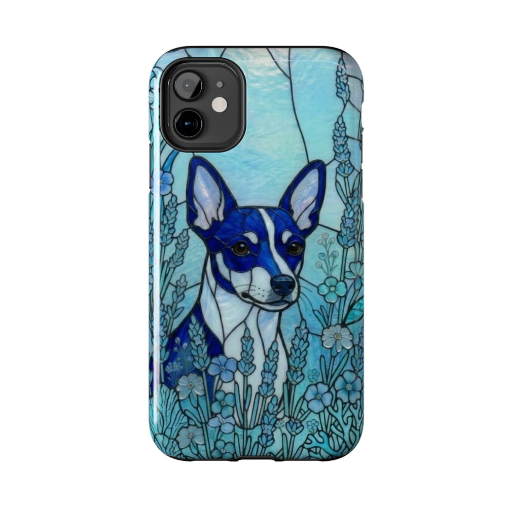 Phone case with a blue and white dog illustration in a floral setting on a light blue background