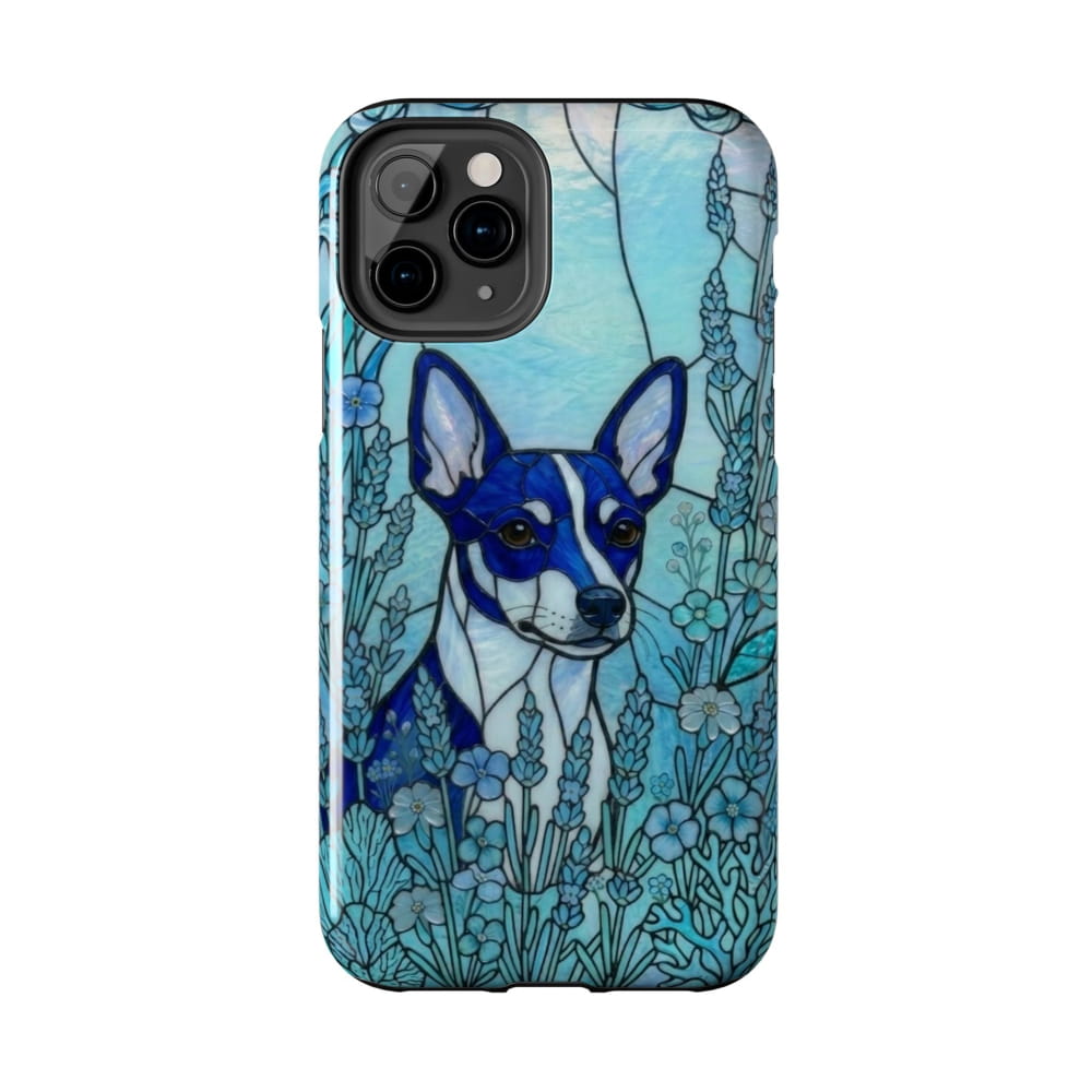 Phone case with a blue and white dog illustration in a floral setting on a white background