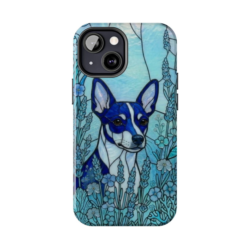 Mini Pinscher Stained Glass Style Tough Case, Ocean Blue Theme - iPhone 13 Mini - Phone Case