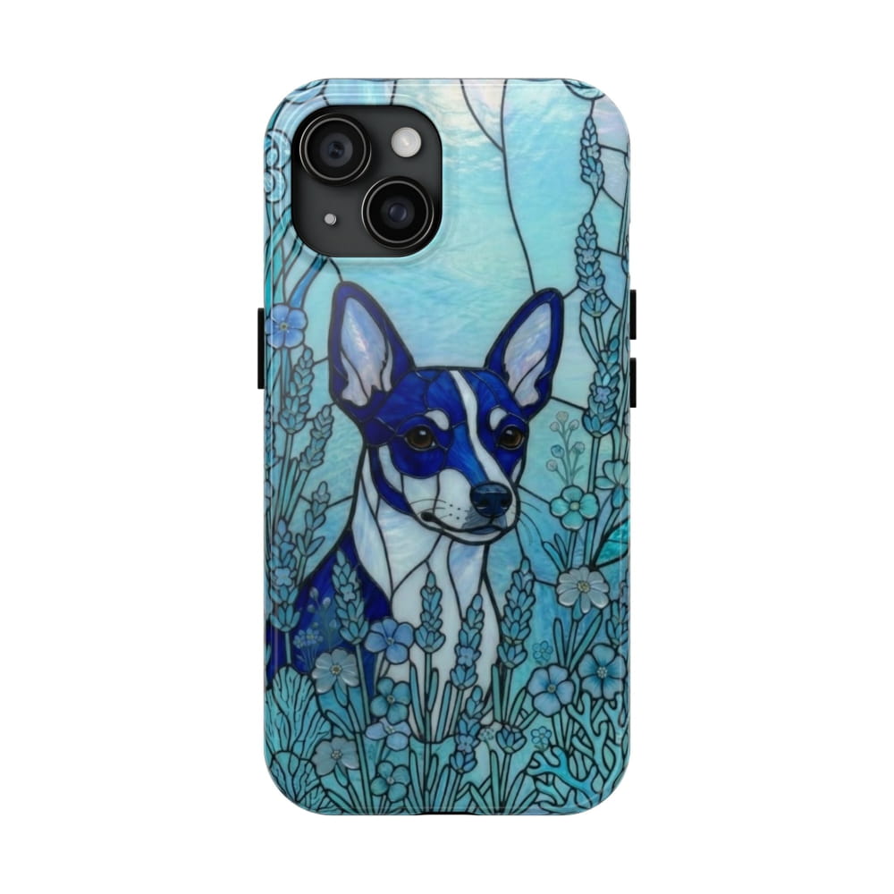 Mini Pinscher Stained Glass Style Tough Case, Ocean Blue Theme - iPhone 15 - Phone Case