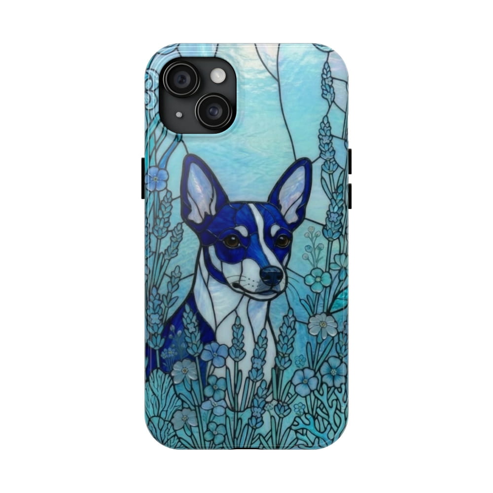 Mini Pinscher Stained Glass Style Tough Case, Ocean Blue Theme - iPhone 15 Plus - Phone Case