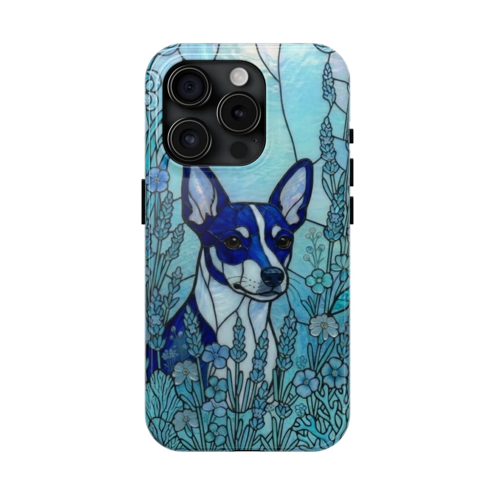 Mini Pinscher Stained Glass Style Tough Case, Ocean Blue Theme - iPhone 15 Pro - Phone Case