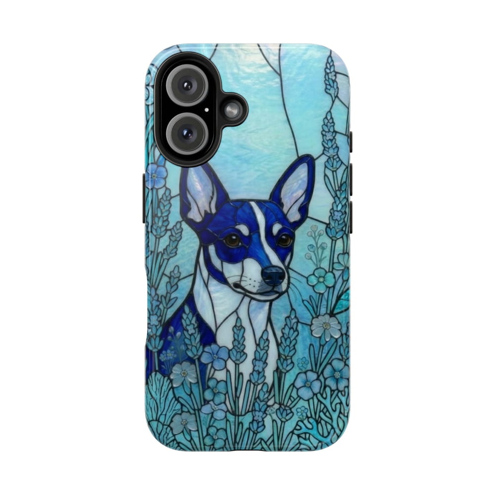 Mini Pinscher Stained Glass Style Tough Case, Ocean Blue Theme - iPhone 16 - Phone Case
