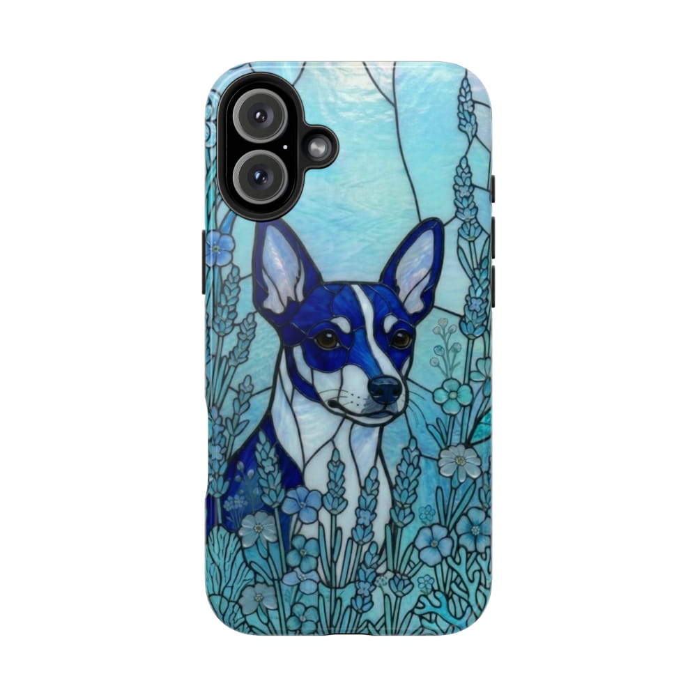 Mini Pinscher Stained Glass Style Tough Case, Ocean Blue Theme - iPhone 16 Plus - Phone Case