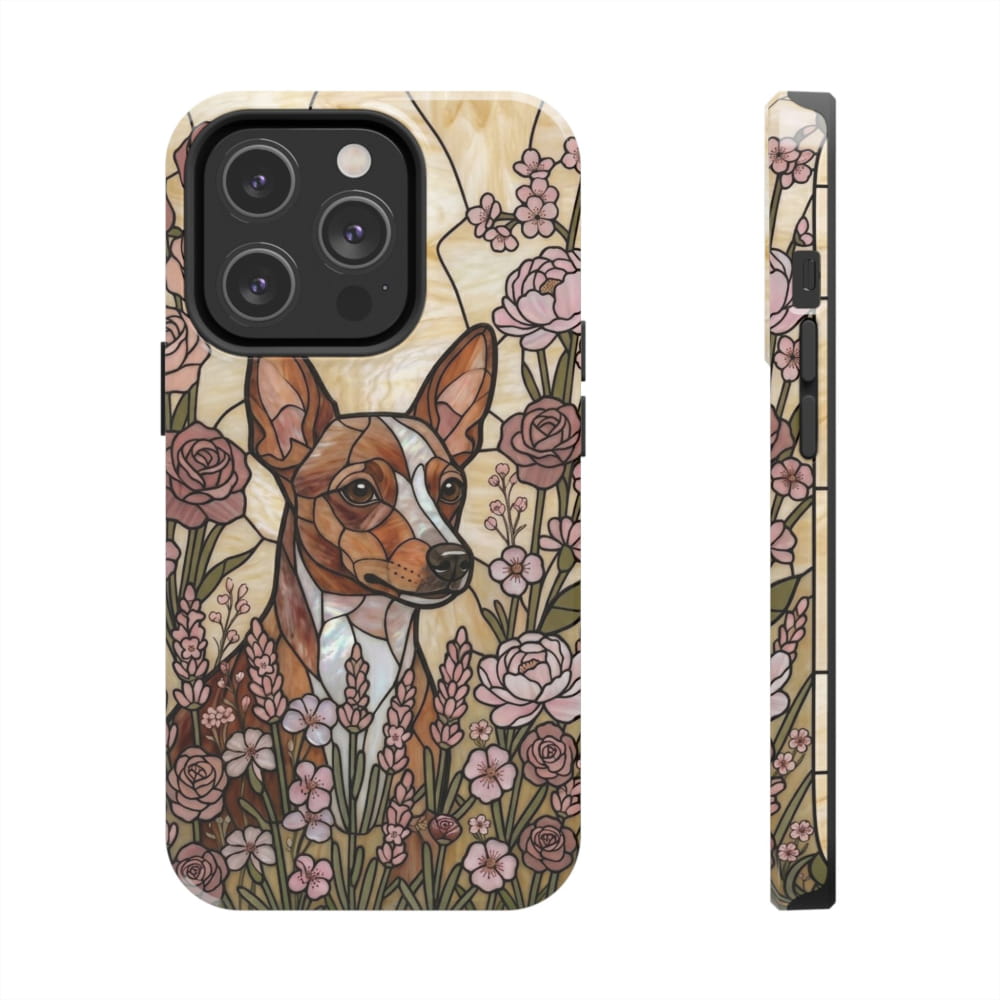 Mini Pinscher Stained Glass Style Tough Case, Rose Garden Theme - iPhone 14 Pro - Phone Case