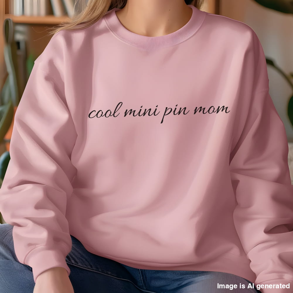Woman wearing a light pink "cool mini pin mom" Miniature Pinscher women’s sweatshirt, hands in pockets, casual style