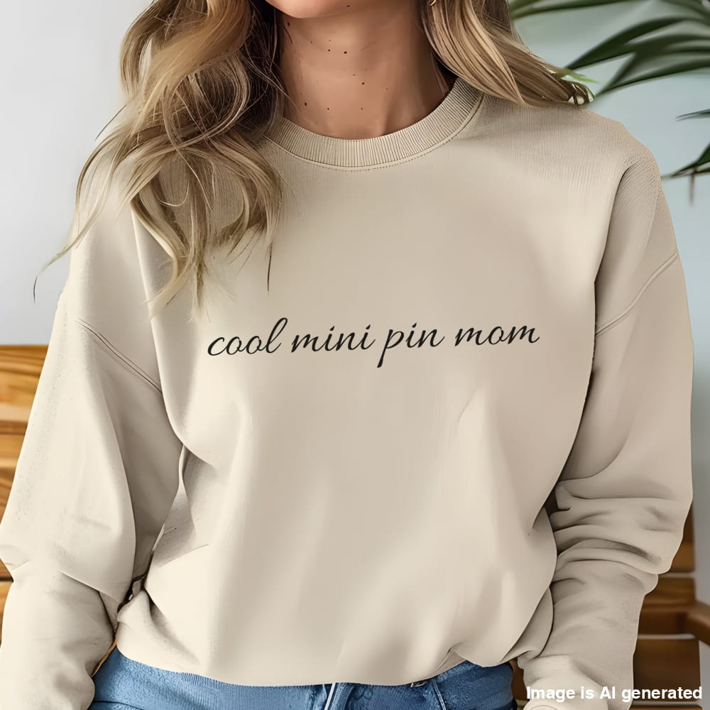Woman wearing asand "cool mini pin mom" Miniature Pinscher women’s sweatshirt, hands in pockets, casual style