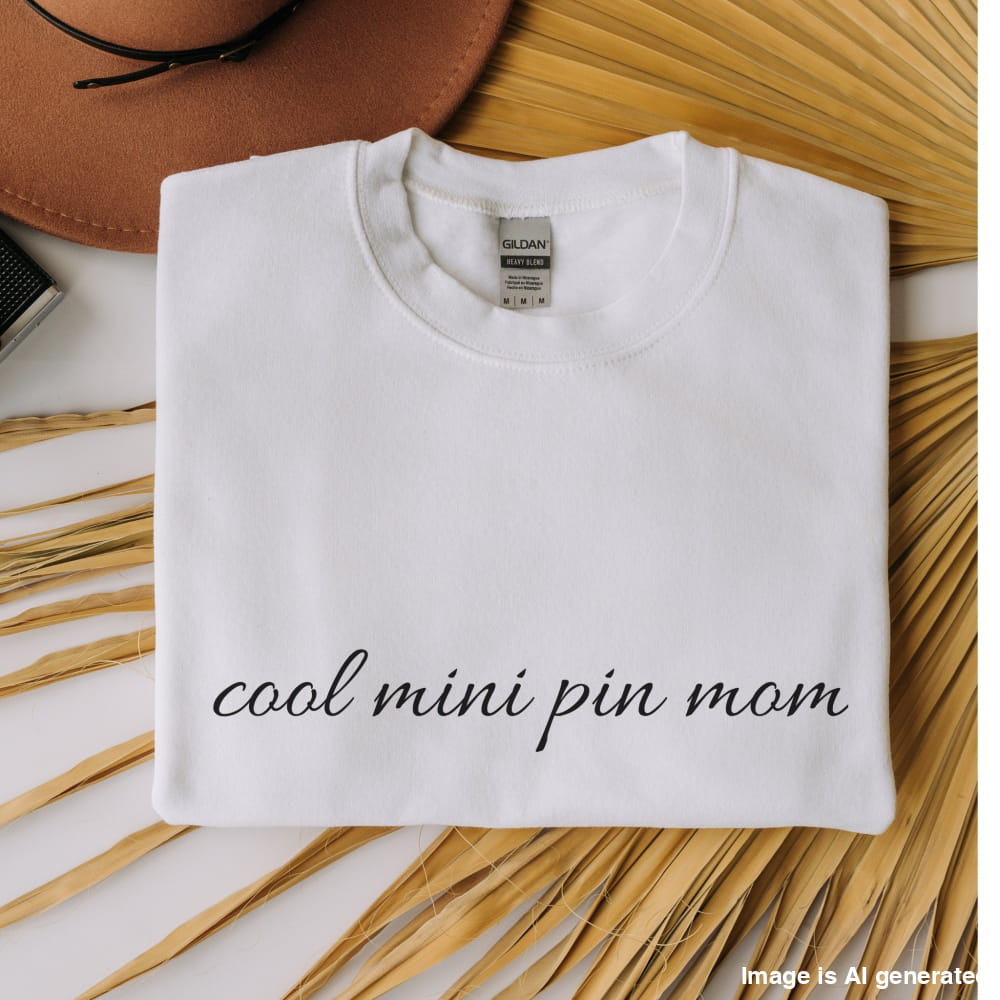 Flat lay white "cool mini pin mom" Miniature Pinscher women’s sweatshirt, hands in pockets, casual style