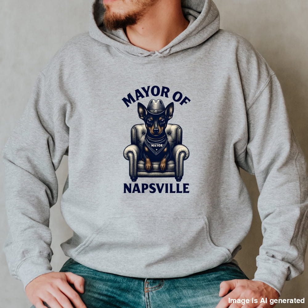 Man wearing a grey "Mayor of Napsville" Miniature Pinscher hoodie with a dog on an armchair and funny nap design