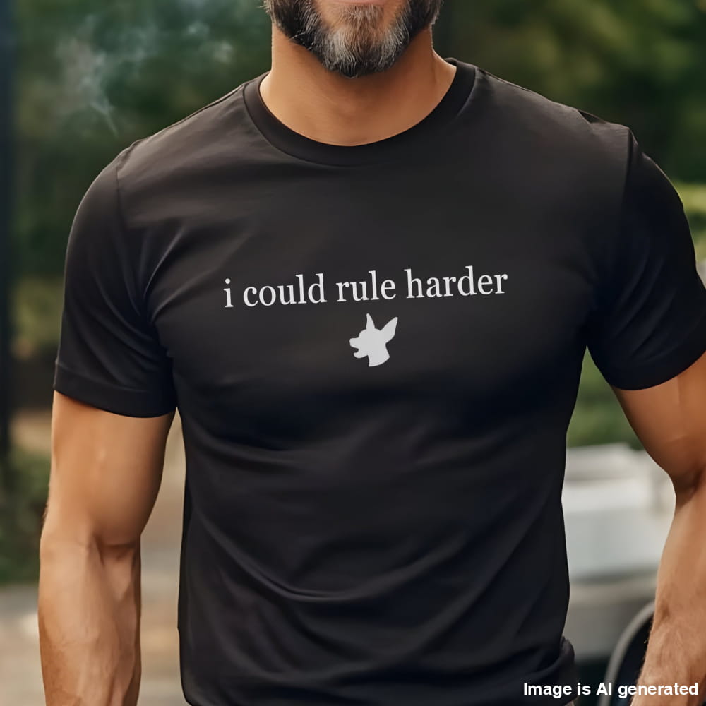 Man wearing a black "i could rule harder" Miniature Pinscher unisex t-shirt outdoors