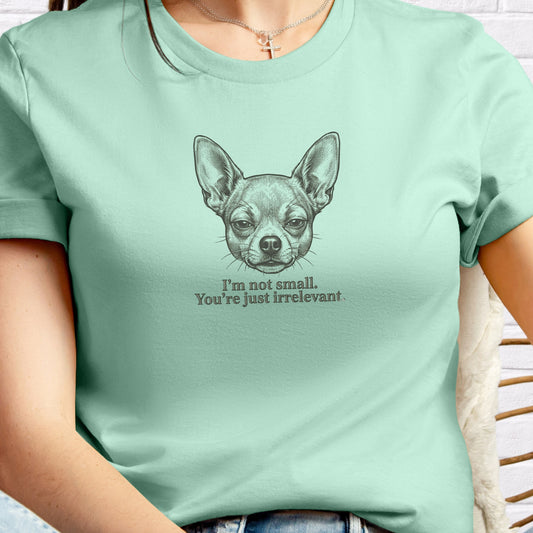 Person wearing a light green t-shirt with a dog illustration and text.