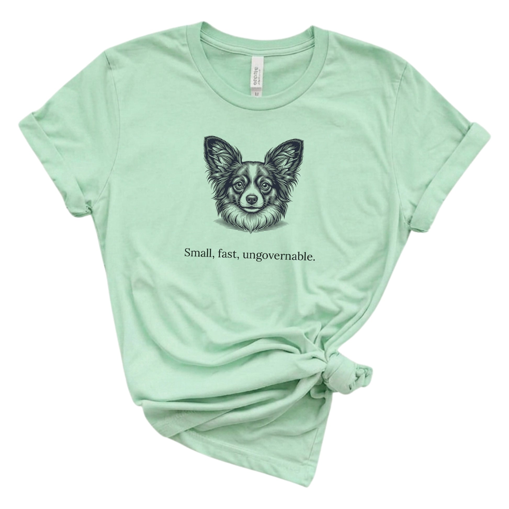 Mint green t-shirt with a dog illustration and text on a white background