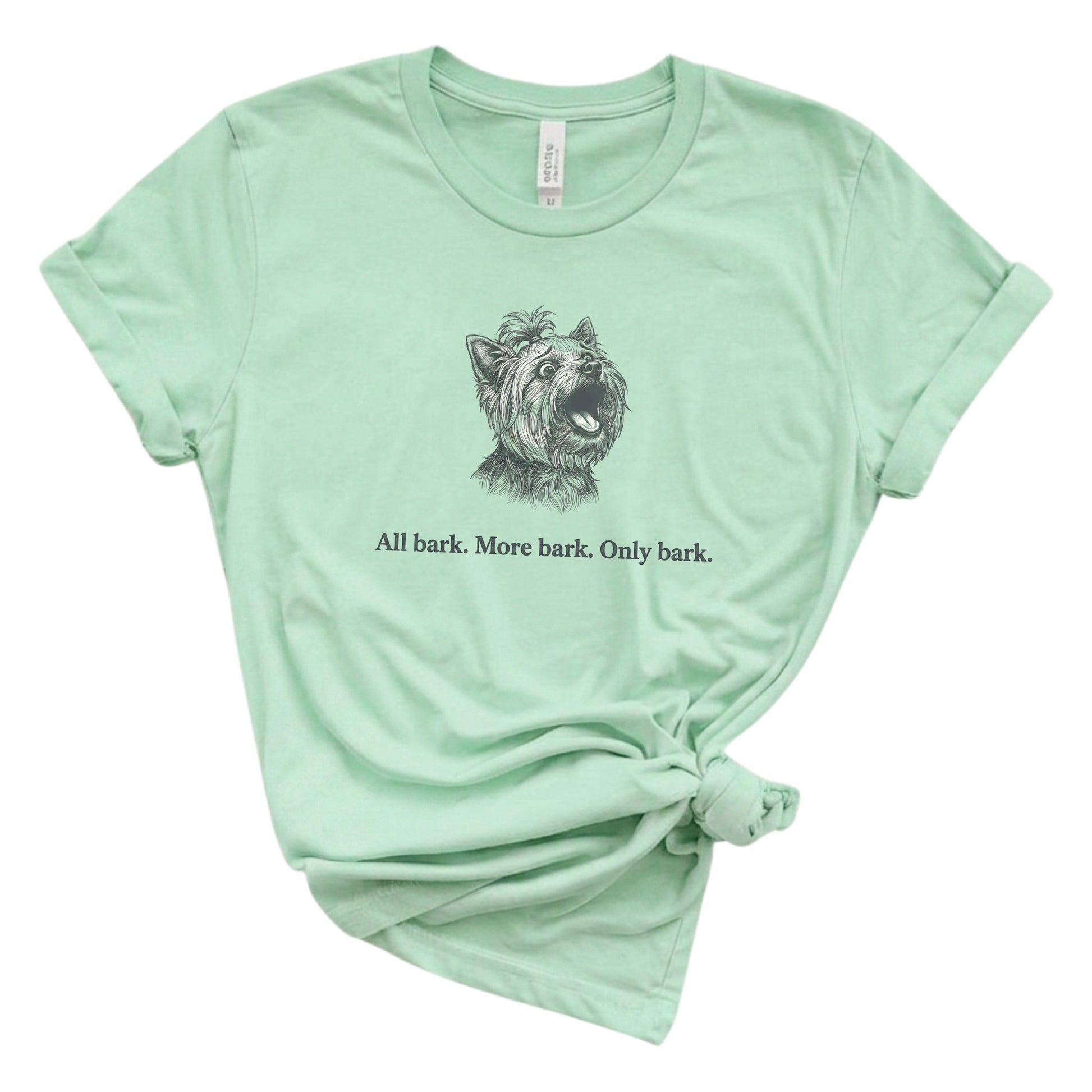 Mint green t-shirt with a dog graphic and text on a white background