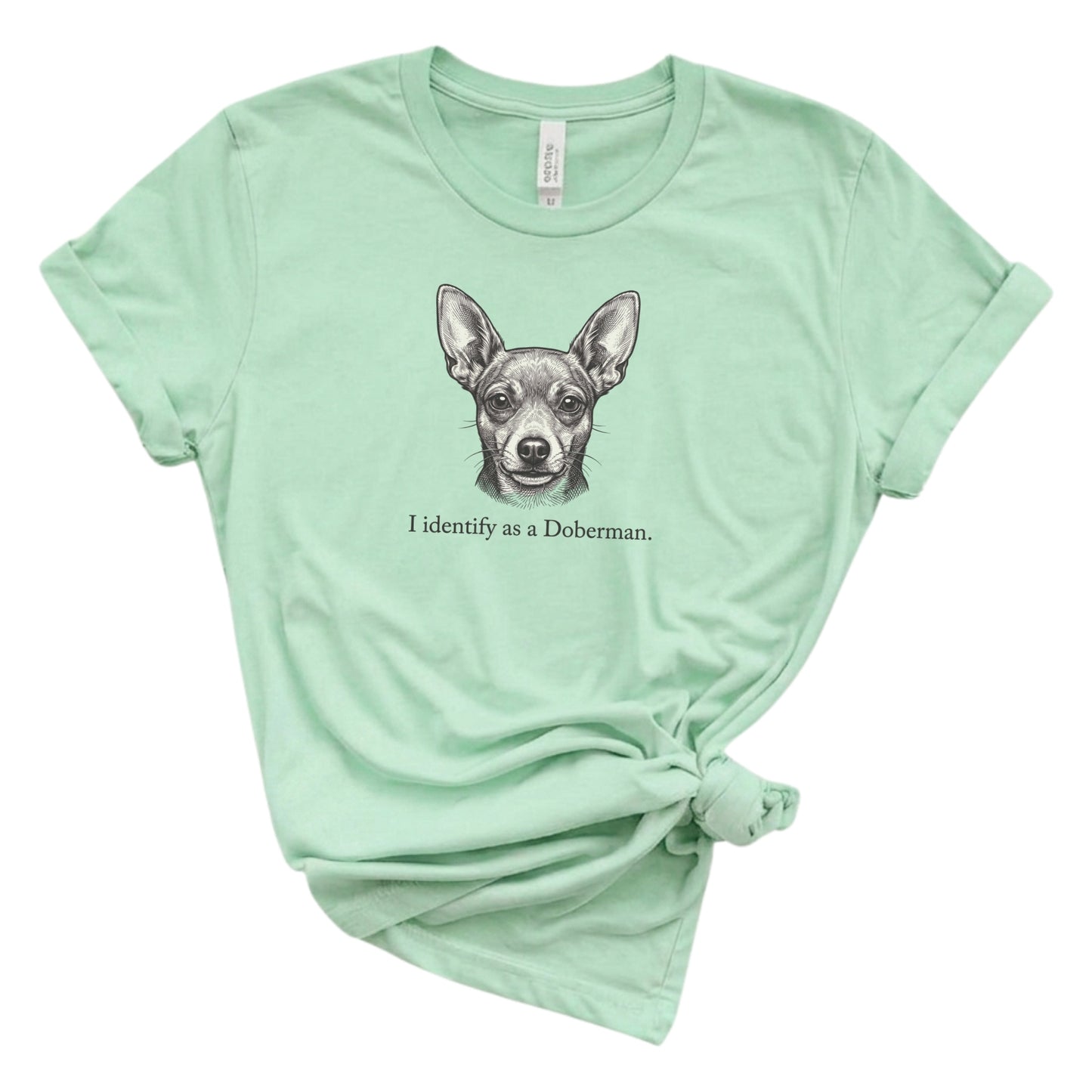 Mint green t-shirt with a Doberman graphic and text on a white background