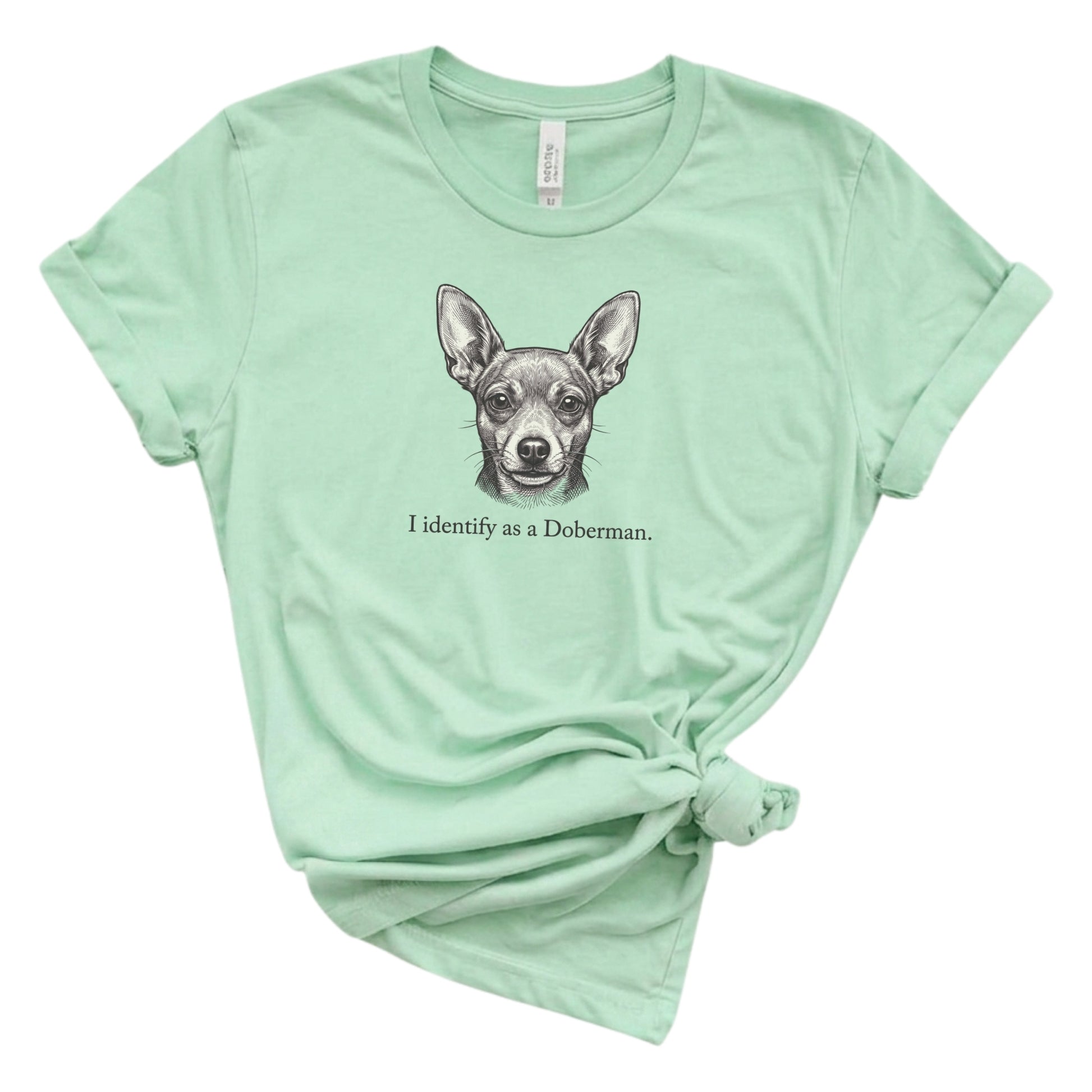 Mint green t-shirt with a Doberman graphic and text on a white background