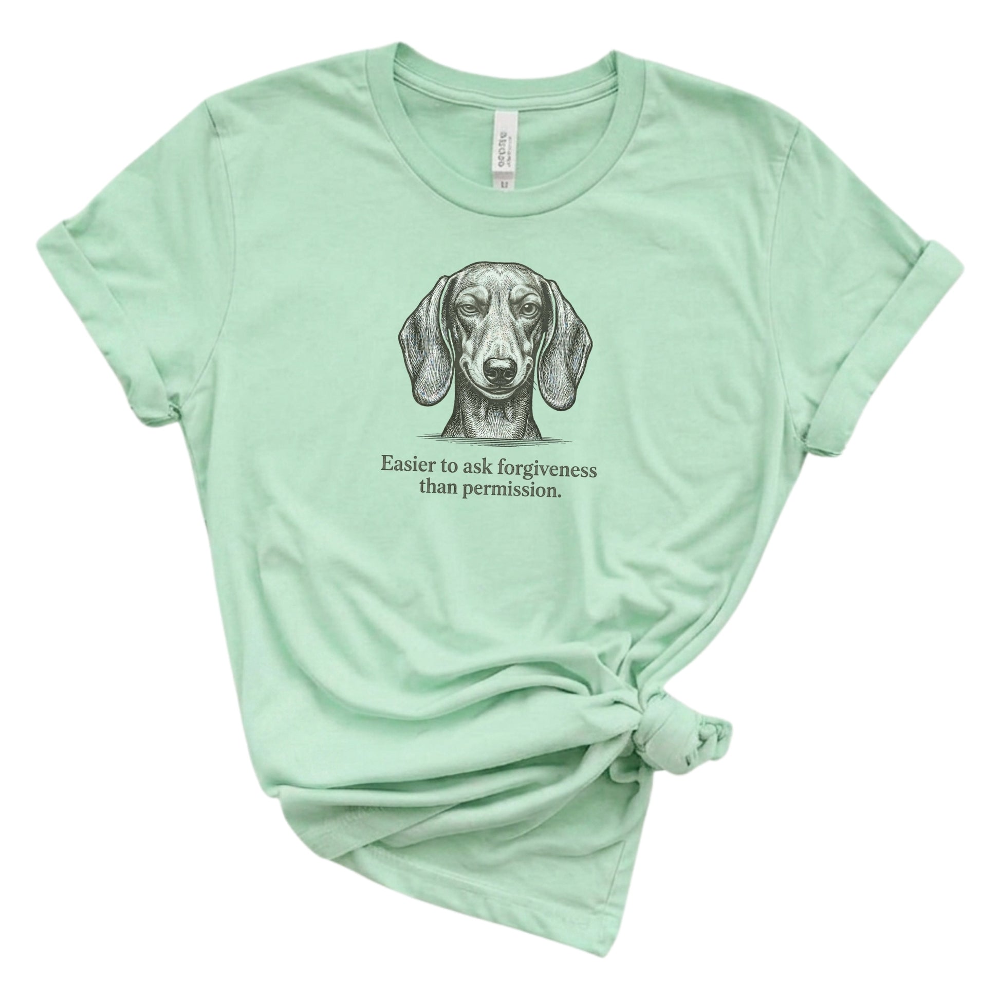 Mint green t-shirt with a dachshund graphic and text on a white background