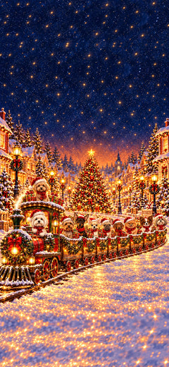 Christmas phone wallpaper with a Christmas train carrying ten small dogs of ten breeds in Santa hats through a glowing snowy town with a decorated tree, AI-generated illustration