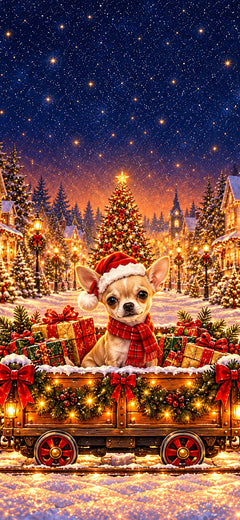 Christmas phone wallpaper with a Chihuahua in a Santa hat and red plaid scarf in a decorated train waggon, AI-generated illustration