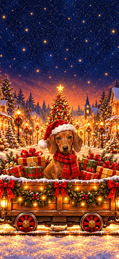 Christmas phone wallpaper with a Dachshund in a Santa hat and red plaid scarf in a decorated train waggon, AI-generated illustration