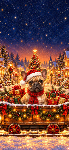 Christmas phone wallpaper with a French Bulldog in a Santa hat and red plaid scarf in a decorated train waggon, AI-generated illustration