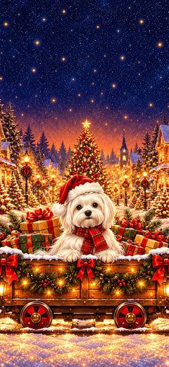 Christmas phone wallpaper with a white Maltese in a Santa hat and red plaid scarf in a decorated train waggon, AI-generated illustration