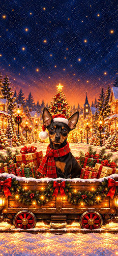 Christmas phone wallpaper with a Miniature Pinscher in a Santa hat and red plaid scarf in a decorated train waggon, AI-generated illustration