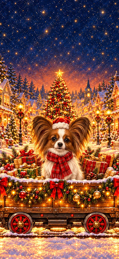 Christmas phone wallpaper with a Papillon in a Santa hat and red plaid scarf in a decorated train waggon, AI-generated illustration