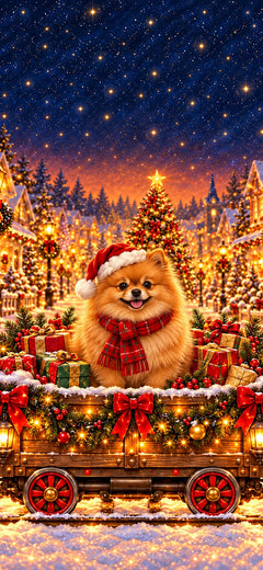 Christmas phone wallpaper with a fluffy Pomeranian in a Santa hat and red plaid scarf in a decorated train waggon, AI-generated illustration