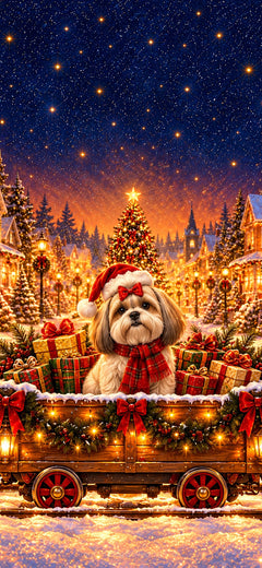 Christmas phone wallpaper with a Shih Tzu with a red bow in a Santa hat and red plaid scarf in a decorated train waggon, AI-generated illustration
