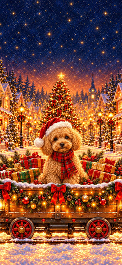 Christmas phone wallpaper with an apricot Toy Poodle in a Santa hat and red plaid scarf in a decorated train waggon, AI-generated illustration