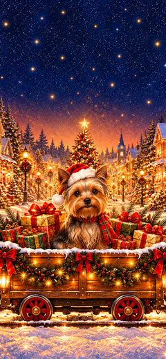 Christmas phone wallpaper with a Yorkshire Terrier in a Santa hat and red plaid scarf in a decorated train waggon, AI-generated illustration