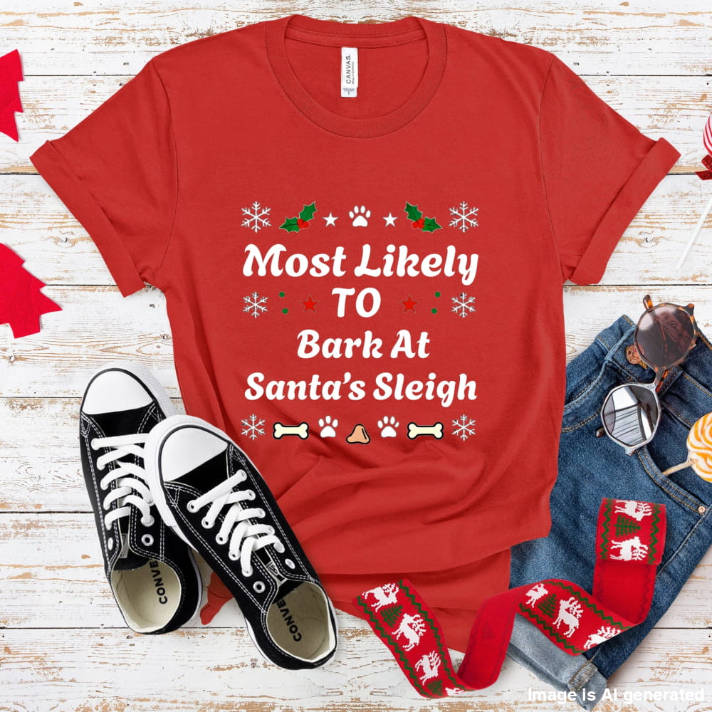 Red t-shirt with Christmas-themed text, black sneakers, and festive accessories on a wooden surface.
