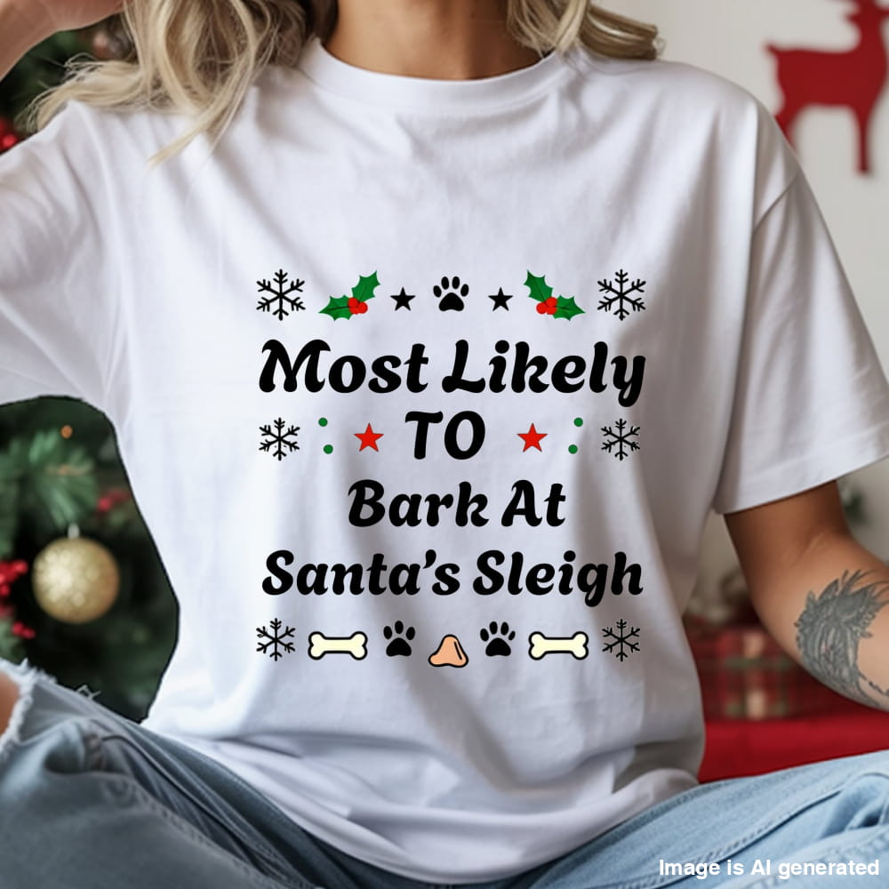 White t-shirt with Christmas-themed text and graphics worn by a person, with a festive background.