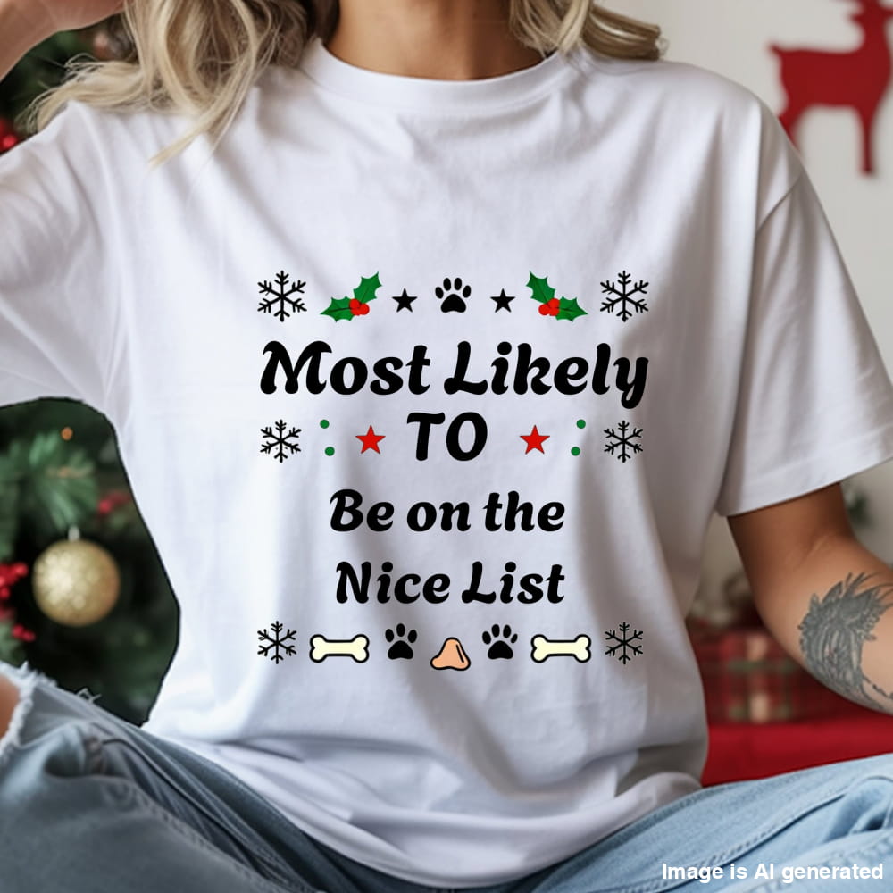 Person wearing a white t-shirt with Christmas-themed text and graphics.