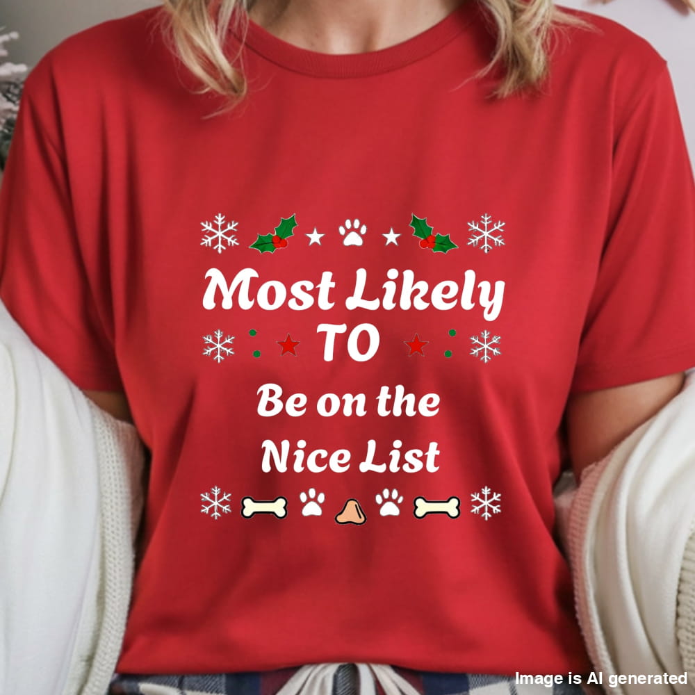 Red t-shirt with Christmas-themed text and graphics worn by a person.