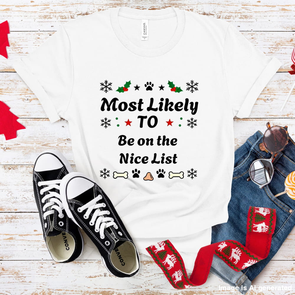 White t-shirt with Christmas-themed text, black sneakers, red and green scarf, and jeans on a wooden surface.