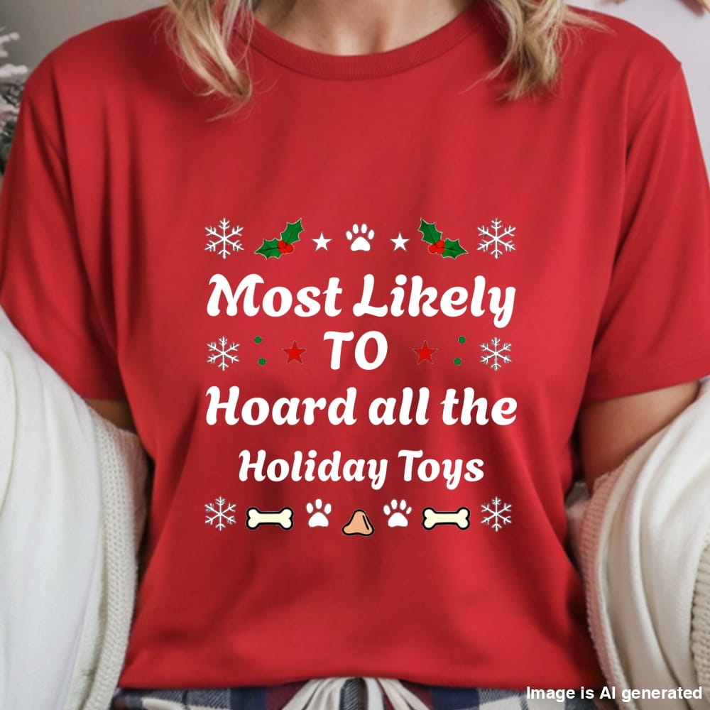 Red t-shirt with Christmas-themed text and graphics worn by a person.