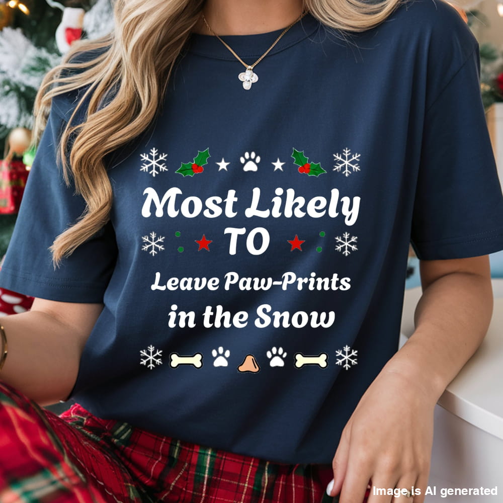 Person wearing a navy blue t-shirt with Christmas-themed text and graphics.