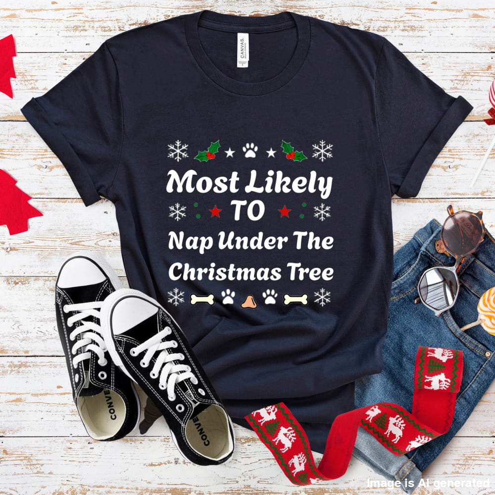 Black t-shirt with Christmas-themed text, sneakers, socks, and sunglasses on a wooden surface.