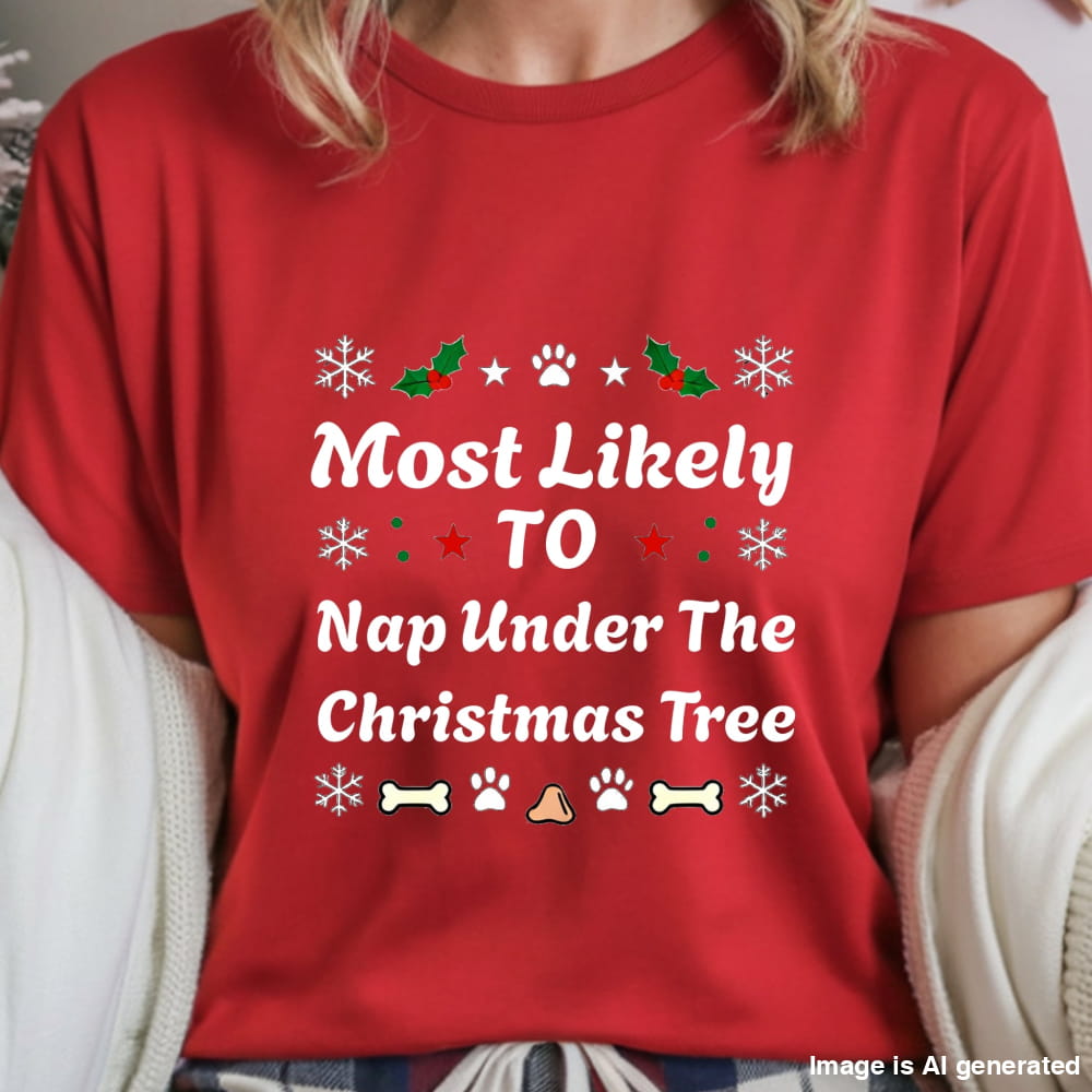 Red t-shirt with Christmas-themed text and graphics worn by a person.