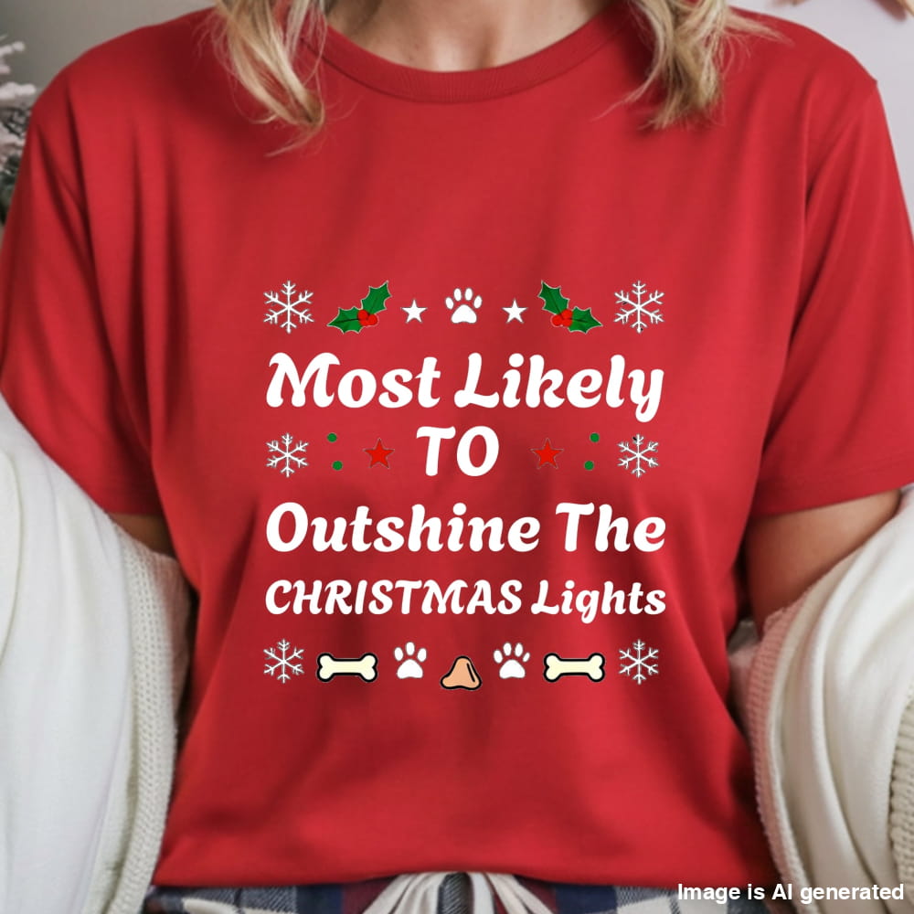 Red t-shirt with Christmas-themed text and graphics worn by a person.