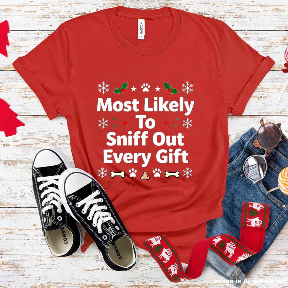 Most Likely To Sniff Out Every Gift - Funny Christmas Dog Lover Premium Unisex Tee - Red / S - T-SHIRTS