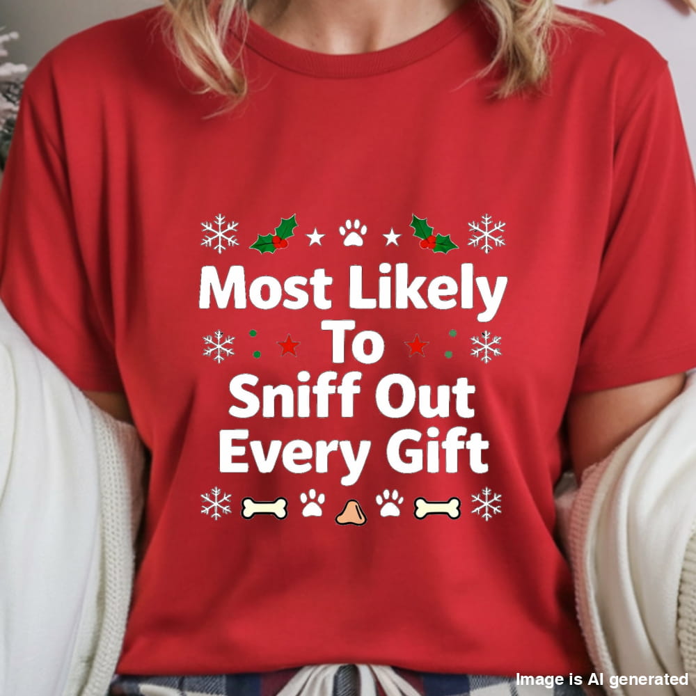 Red t-shirt with Christmas-themed text and graphics worn by a person.