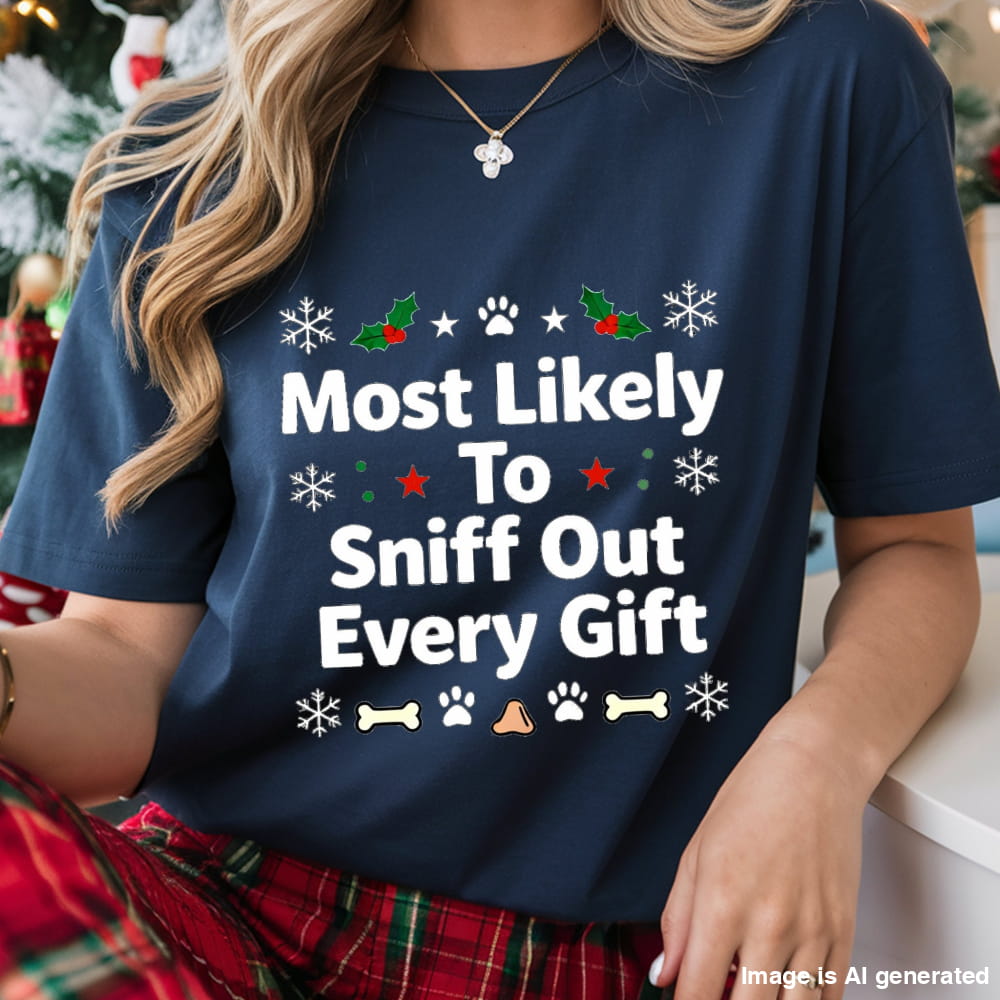Person wearing a navy blue t-shirt with Christmas-themed text and graphics.