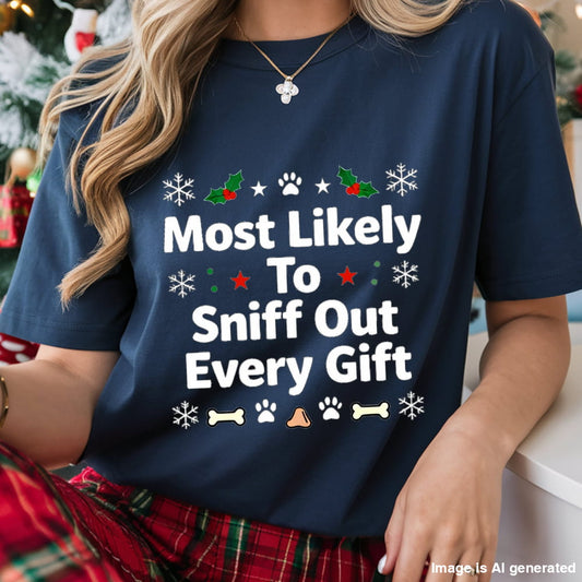 Person wearing a navy blue t-shirt with Christmas-themed text and graphics.