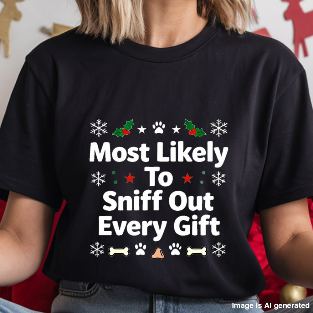Black t-shirt with Christmas-themed text and graphics worn by a person.