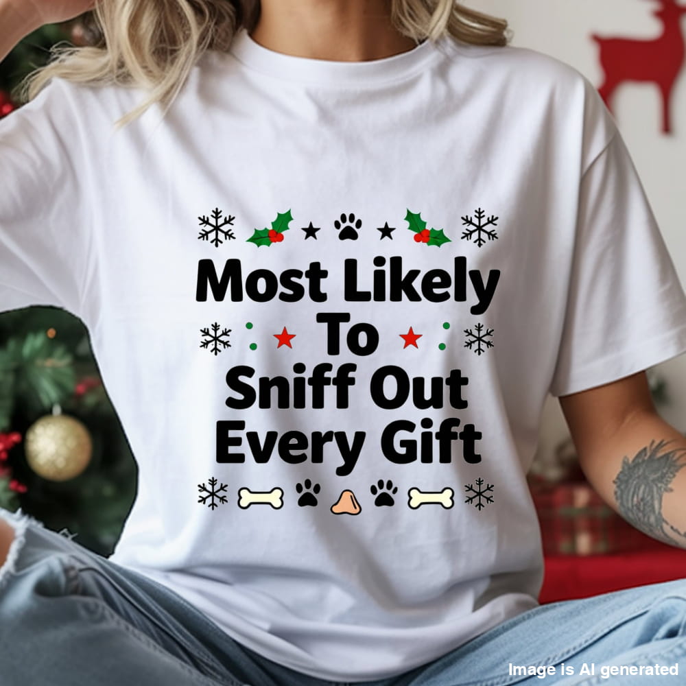 White t-shirt with Christmas-themed text and graphics worn by a person, with a blurred background.