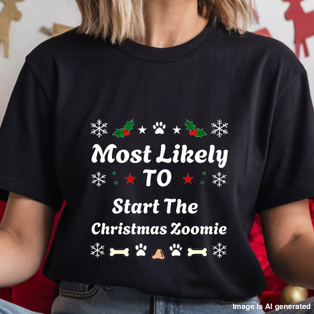 Black t-shirt with Christmas-themed text and graphics worn by a person.