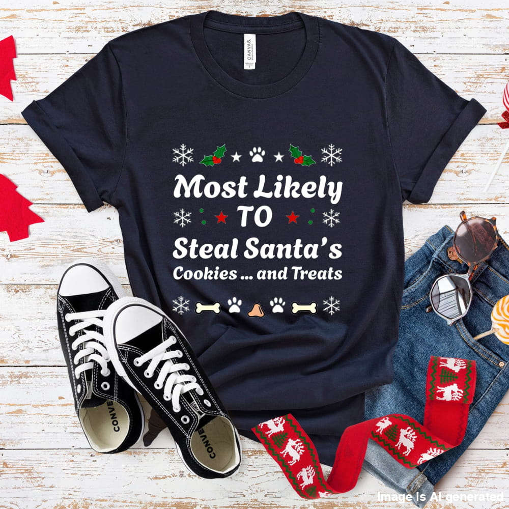Most Likely To Steal Santa’s Treats - Funny Christmas Dog Lover Premium Unisex Tee - Navy / S - T-SHIRTS